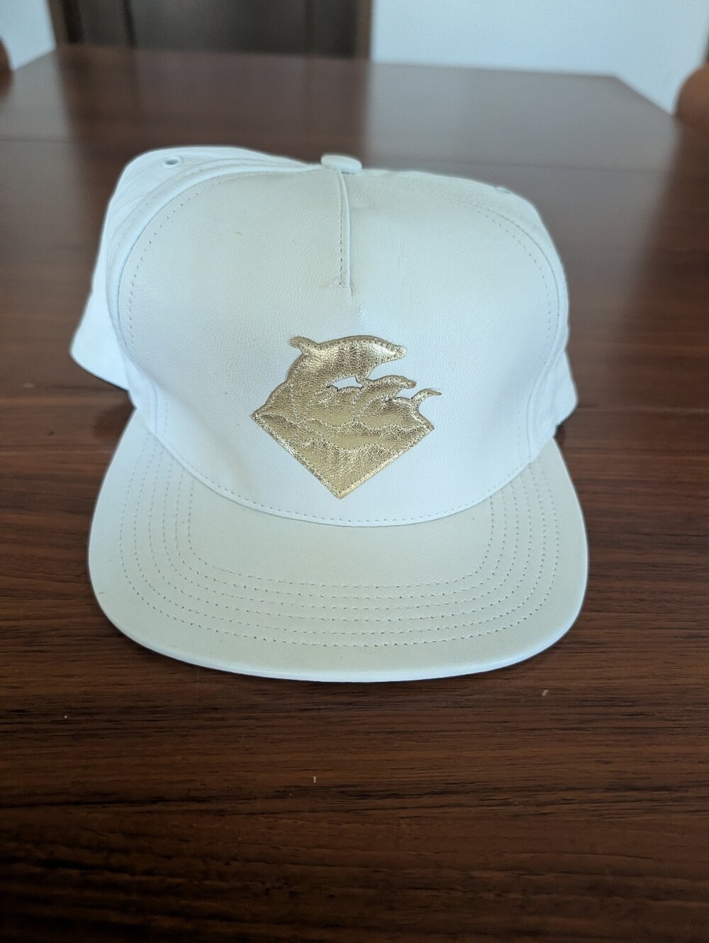 Pink Dolphin White Leather Snapback Hat Made In The USA Pre Owned